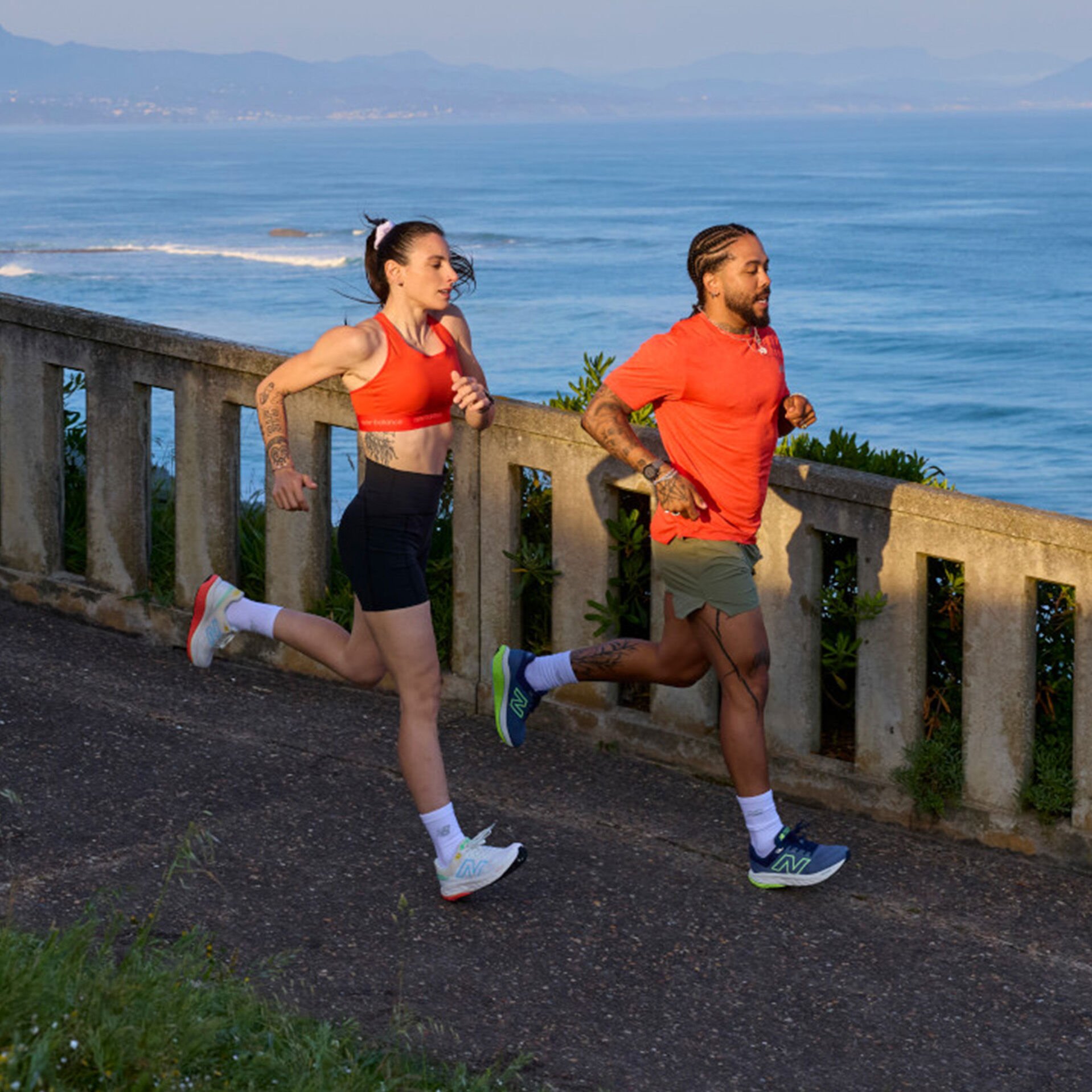 Woman and man running outside