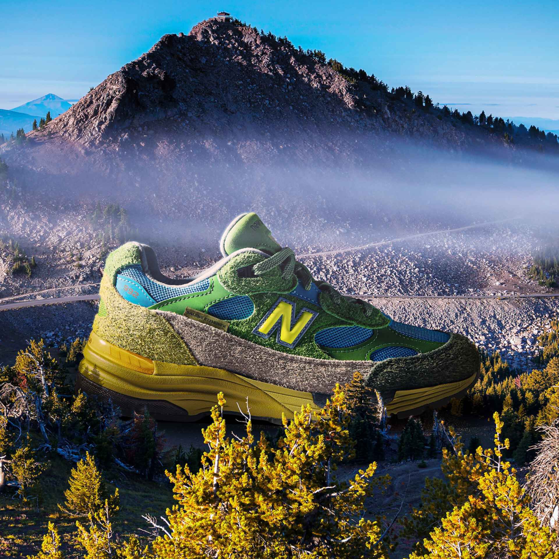  An enlarged shoe sitting in the middle of a forest with a mountain in the background.
