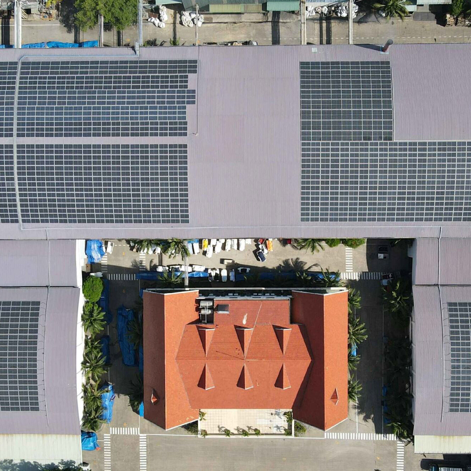 Buildings with solar panels on the roofs